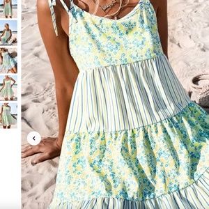 Random Ditsy Floral & Vertical Striped Ruffle Hem Tie Shoulder Cami Dress